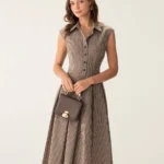 Brown Plaid Button Pleated Midi Dress