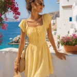 Yellow Square Neck Tie Button Mini Dress