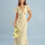 Yellow V Neck Lace Floral Maxi Dress