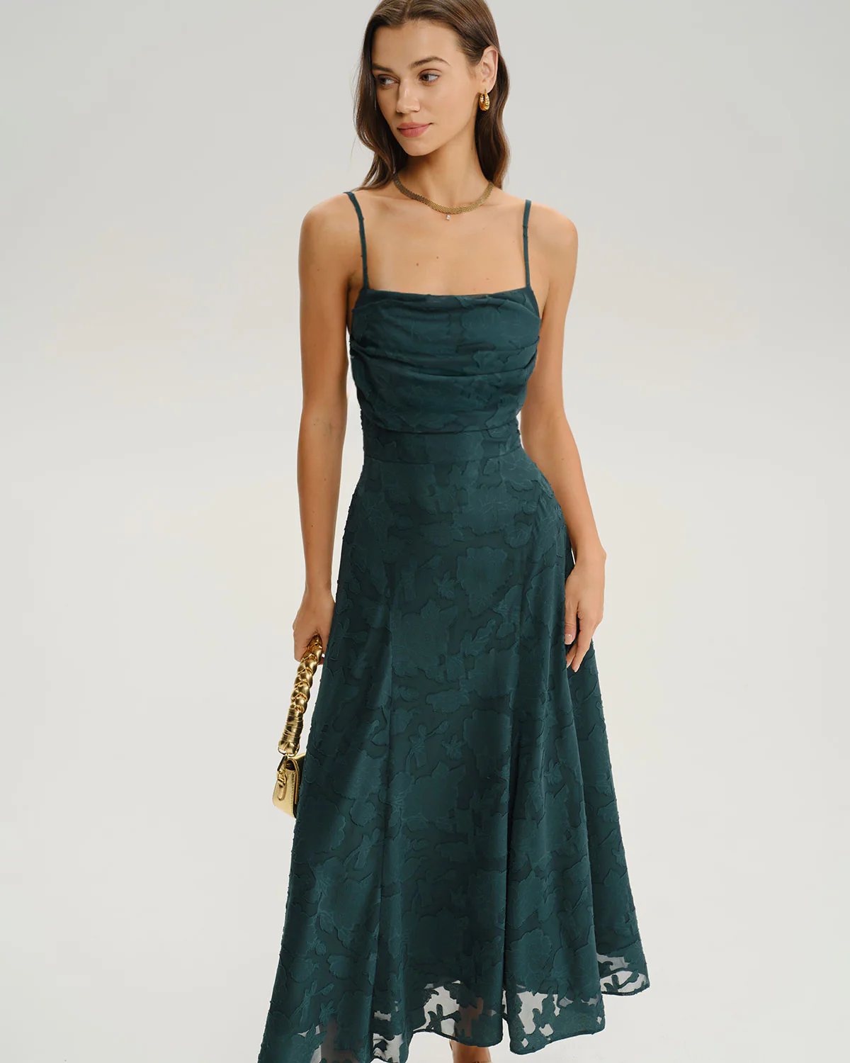 d6159eac9960d501948854d9368c5bee16bb005176f37e1c70dd4b0bfe9369e5.webp Green Jacquard A-Line Slip Maxi Dress - Image 1